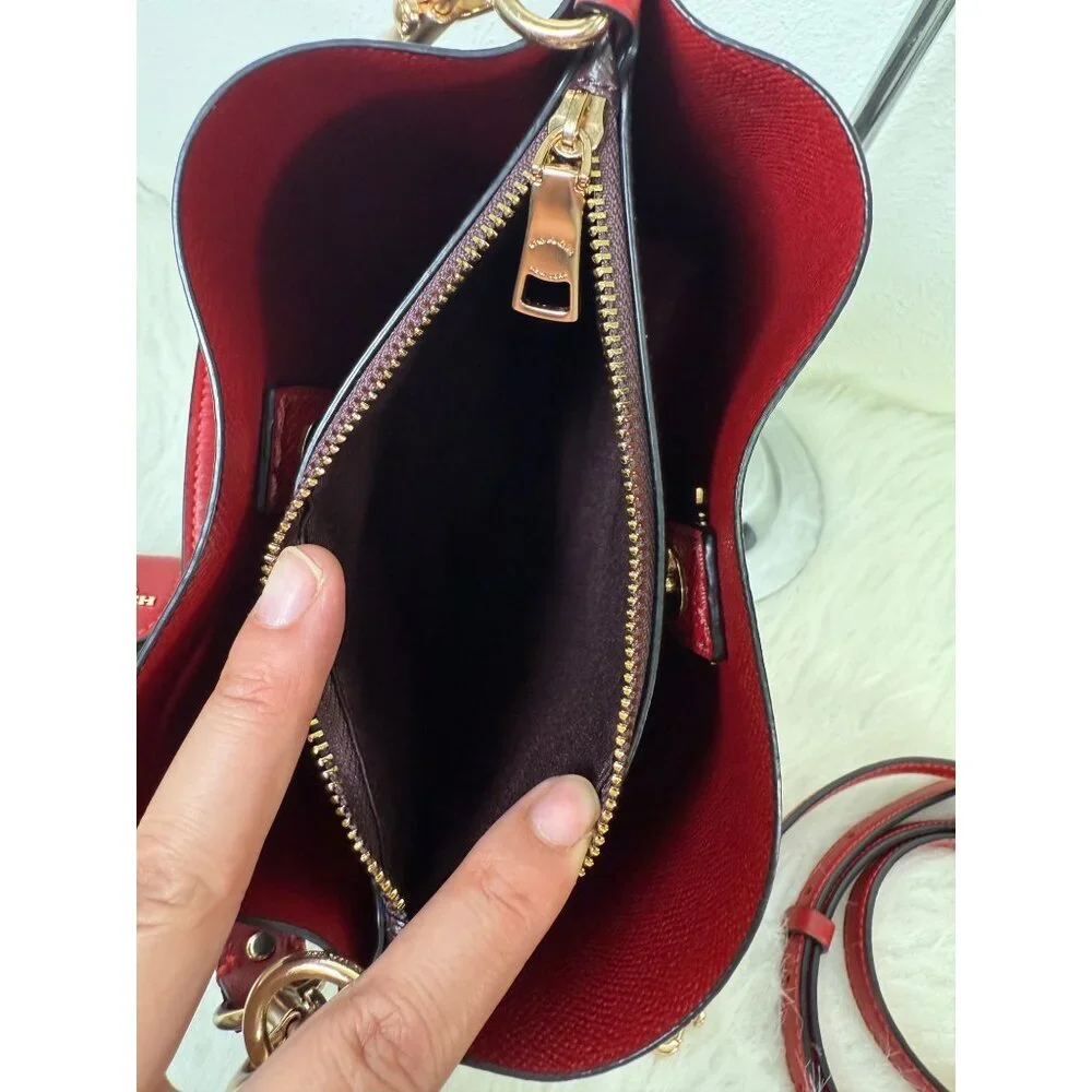 Coach Town Bucket Bag Red Brown Monogram Coated Canva Leather WT Matching Wallet